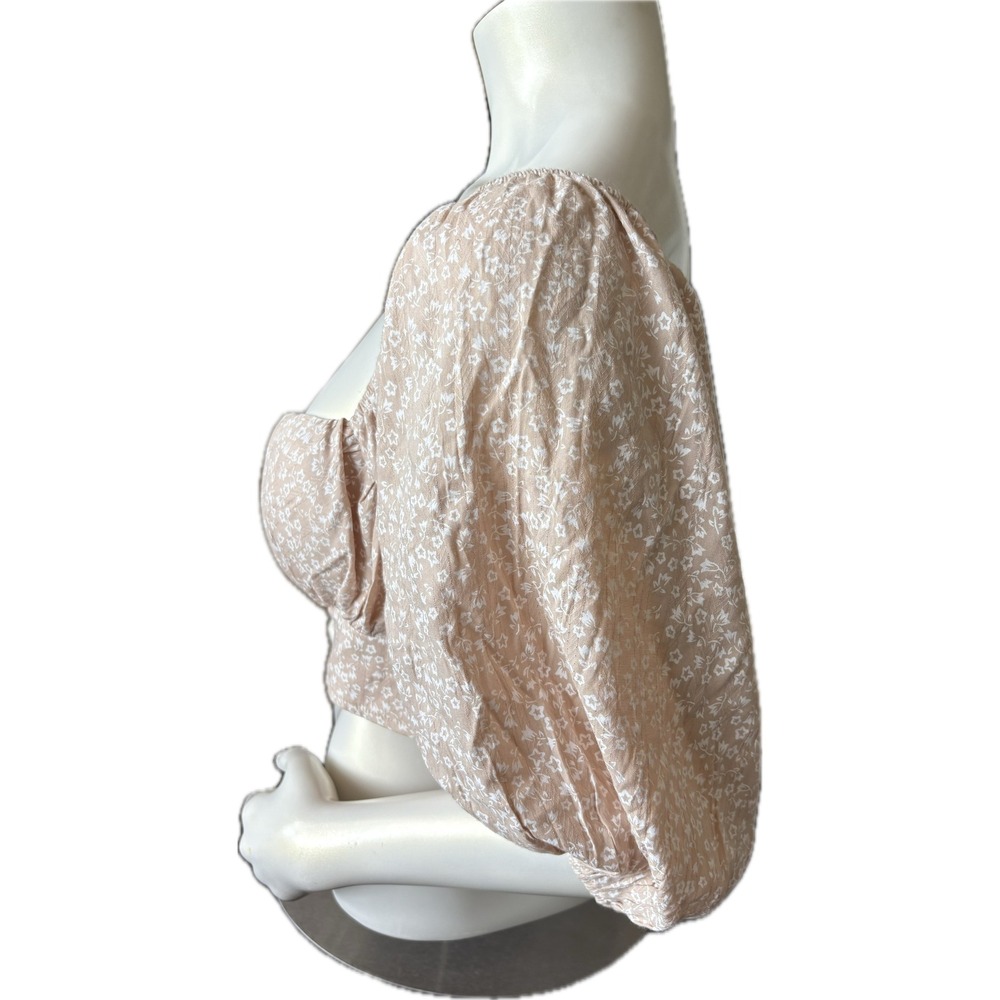 NWT Petal & Pup Floral Crop Top Puff Sleeve Tie Front Beige Women's Size L - Picture 3 of 13
